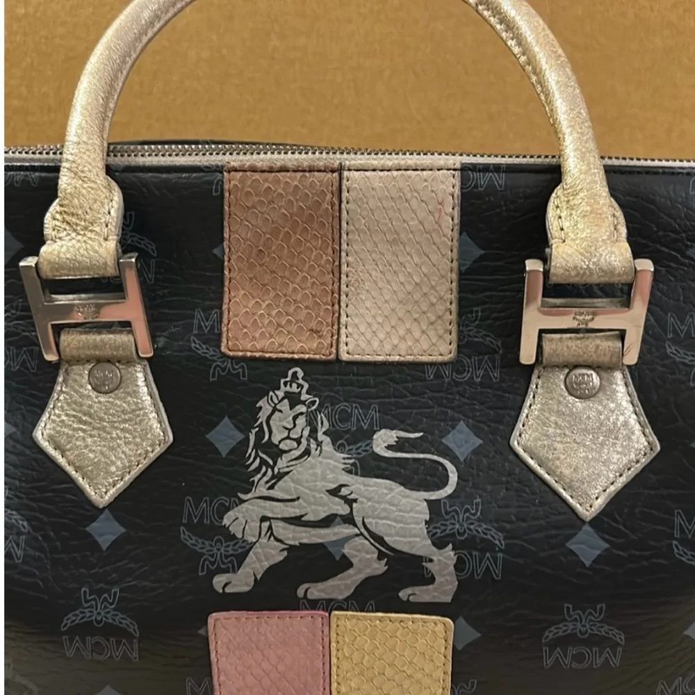 MCM Black Satchel with Pink, Yellow & Tan Accents